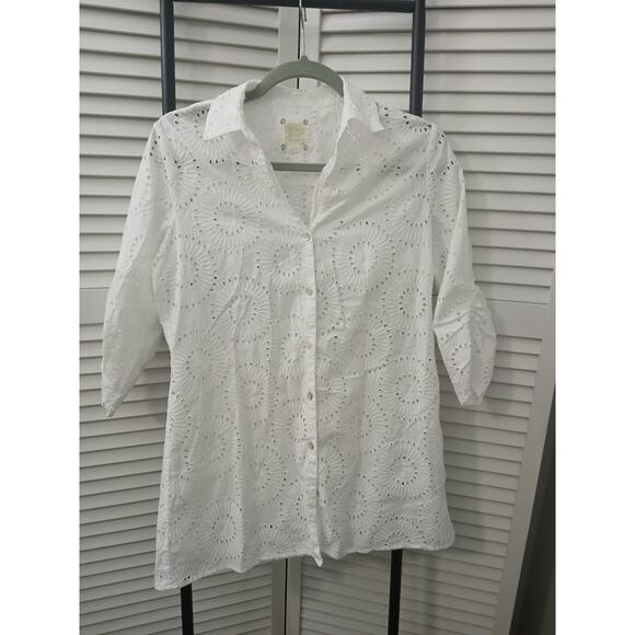 Sigrid Olsen Studio White Button Down Blouse Eyelet Lace 3/4 Ruffle Sleeve   M - Picture 1 of 11